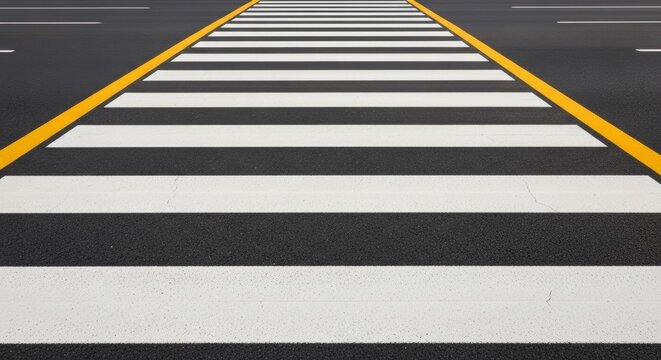 Empty pedestrian crosswalk with bright white stripes on dark asphalt bordered by yellow lines.