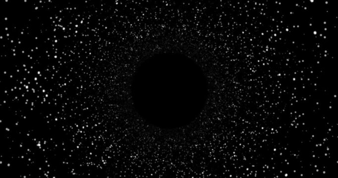 Shimmering Dust Portal. Realistic space footage with stream of silver sparkling particles and iridescent bokeh stars on dark background. Alpha channel for overlay effect. Hand animated motion graphics
