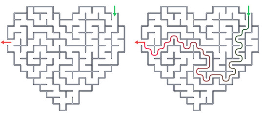 Fototapeta premium Heart-shaped maze with entry and exit paths illustrated 