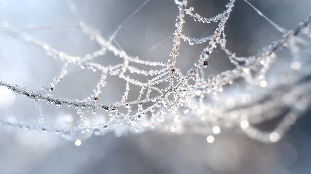 Dew-covered spider web glistening in soft light