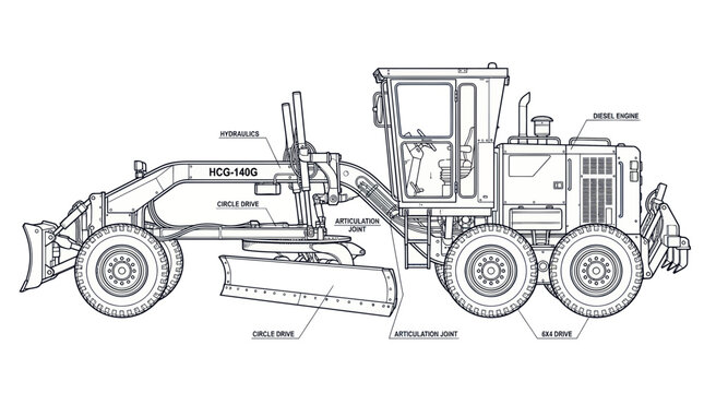 Motor Grader Blueprint: Construction Machinery Technical Drawing