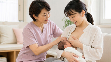 Fototapeta premium Lactation Consultant Supporting Japanese New Mother with Breastfeeding Technique and Latch Guidance in Maternity Clinic