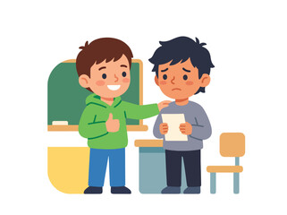 Obraz premium Kind school child comforting a worried classmate in the classroom, promoting empathy, friendship, emotional support, inclusion, and student well-being