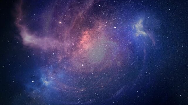 Cosmic Starfield with Glowing Blue and Pink Nebula. Realistic space footage with sparkling star clusters and radiant galactic clouds on dark background. Alpha Channel. Hand animated motion graphics