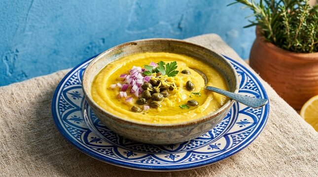 Fava split pea dip yellow Santorini fava split pea dip in ceramic bowl red onion capers olive oil and lemon zest garnish beautiful yellow colour 45-degree