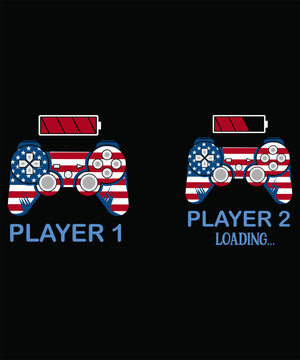 Player 1 and Player 2 Loading American Flag Video Game Controllers Vector Illustration