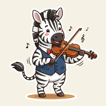 Cute cartoon zebra playing violin with musical notes