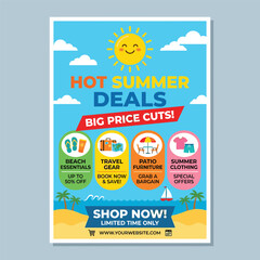 Naklejka premium Hot Summer Deals Summer Sale Flyer With Sun