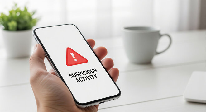Suspicious activity alert on smartphone. Cybersecurity warning and data breach concept. Hand holding mobile phone with notification.