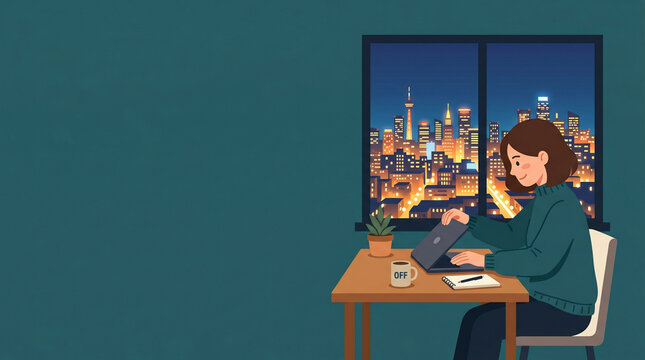 窓の外に広がる夜景を背景にノートパソコンで学習する人物を描いたベクターイラストです。
自己成長やスキルアップをテーマにしています。