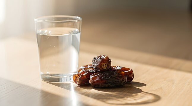 A glass of water and a pile of dates on a wooden surface, bathed in soft sunlight.