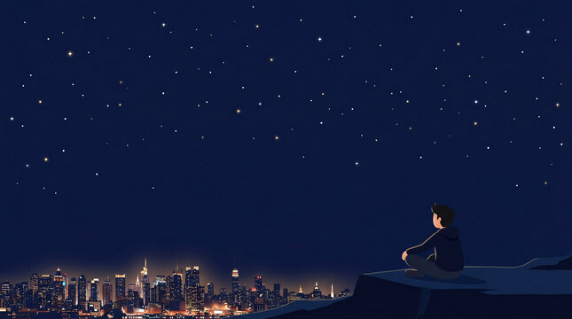 遠くの夜景を眺めながら静かに過ごす人物を描いたベクターイラストです。
都会での夜時間や落ち着いた暮らしを表現しています。