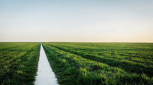 A long, straight irrigation ditch cuts through a vast, green agricultural field under a clear sky.