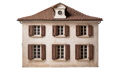 Obraz premium Isolated miniature model of an old European style house with terracotta roof tiles and shutters.
