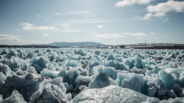 Vast field of broken ice blocks on frozen lake with mountains, arctic landscape timelapse