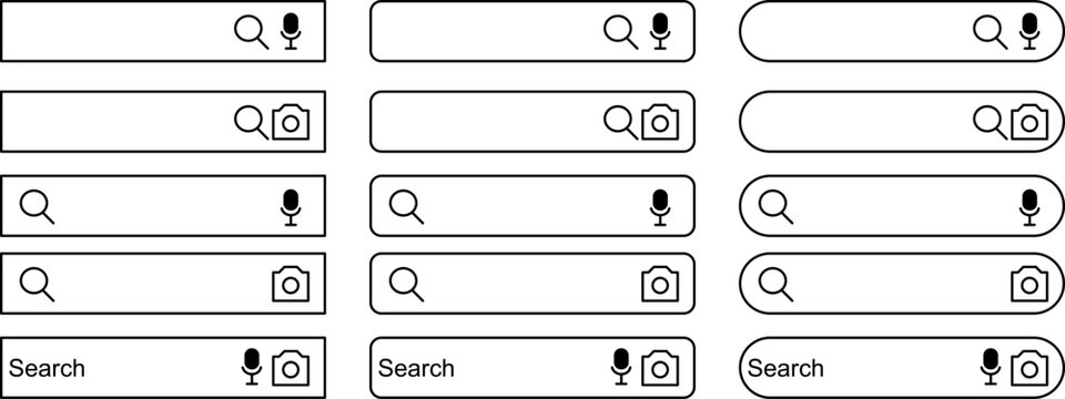 Search bar ui element set with microphone and camera icons for modern digital interfaces, blank web search box templates with different border styles and rounded corners, minimalistic navigation bar