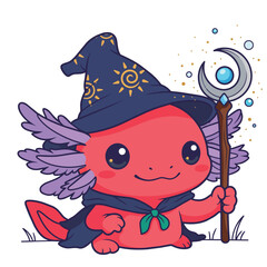 Cute Axolotl Wizard Mascot with Magic Staff Cartoon Vector © AhimarVL