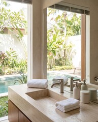 Fototapeta premium Minimal Hospitality Bathroom Detail with Refined Stone Finish