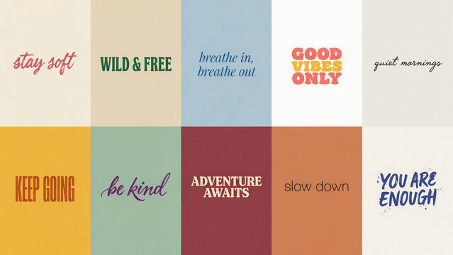 Motivational quotes collection with colorful backgrounds and typography isolated on a transparent background