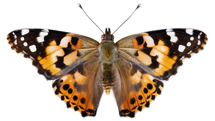Isolated colorful Painted Lady butterfly with wings spread wide, showcasing intricate patterns © Aoife
