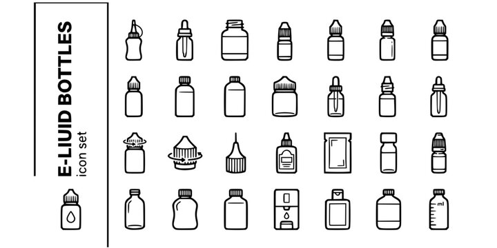 E-Liquid Bottle Container Types Bold Line Icons-Unicorn Dropper Short Fill 10ml 30ml 60ml 100ml 120ml Chubby Gorilla Childproof Needle Tip-25 E-Liquid Bottle Icon Set Vector