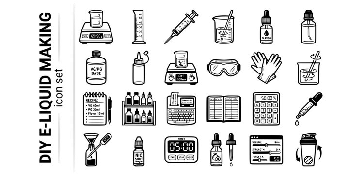 DIY E-Liquid Making Mixing Bold Line Icons-Scale Graduated Cylinder Syringe Beaker Concentrate Base Magnetic Stirrer Safety Goggles Gloves Recipe-25 DIY Mixing Icon Set Vector