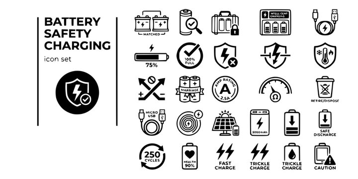 Battery Safety Charging Bold Line Icons-Matched Pair Wrap Case Intelligent Charger USB-C Progress Full Charge Overcharge Short Circuit Temperature Reverse Polarity-25 Battery Safety Icon Set Vector