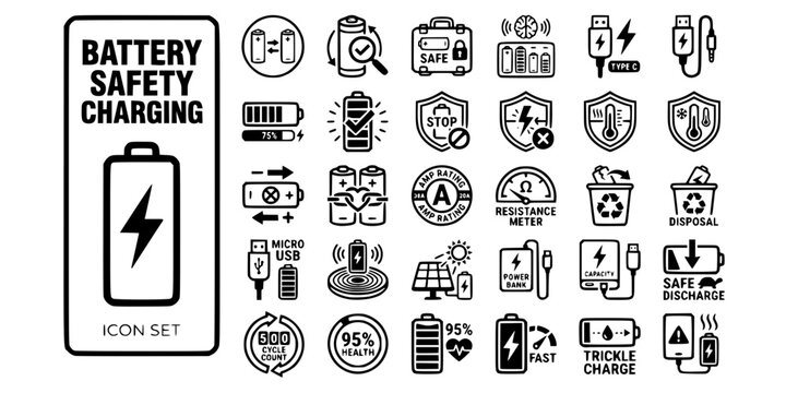 Battery Safety Charging Bold Line Icons-Matched Pair Wrap Case Intelligent Charger USB-C Progress Full Charge Overcharge Short Circuit Temperature Reverse Polarity-25 Battery Safety Icon Set Vector
