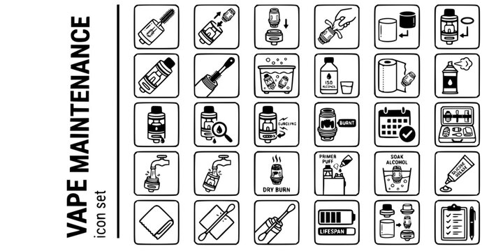 Vape Maintenance Care Bold Line Icons-Tank Cleaning Coil Replacement Cotton Rewicking Glass O-Ring Thread Ultrasonic Isopropyl Leak Gurgle Burnt-25 Maintenance Icon Set Vector