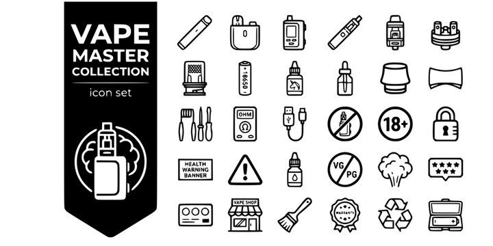 Vape Master Reference Collection Bold Line Icons-Pod Box Mod RDA Mesh Coil Battery E-Liquid Cotton Ohm Meter USB-C No Vaping Age 18 Safety Warning-30 Complete Vape Icon Set Vector