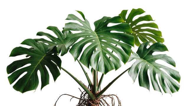 Isolated exotic large green monstera deliciosa plant with lush split leaves and exposed roots