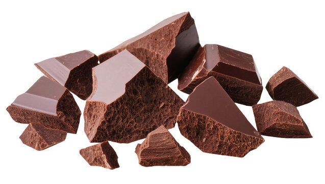 Isolated delicious dark chocolate broken pieces or chunks for baking and sweet dessert