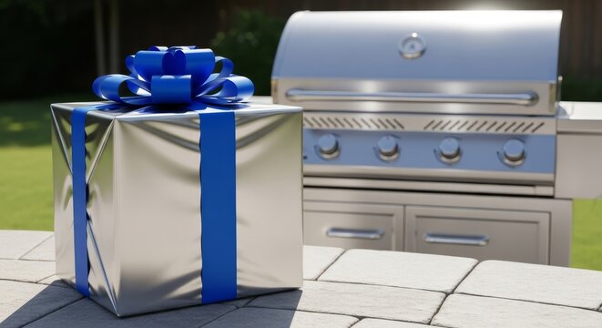 A large wrapped present with a blue ribbon sits on a stone patio next to a modern stainless steel barbecue grill in a sunny backyard setting, sunshine, surprise, festive