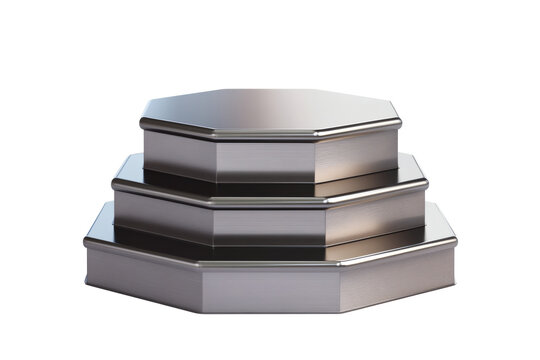Contemporary, sleek, three-tiered hexagonal metallic display podium with a shiny reflective silver chrome finish, perfect for product showcase, awards presentation, or elegant exhibition&nbsp;