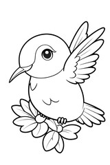 Naklejka premium Adorable little colibri bird with floral background line art coloring book for kids