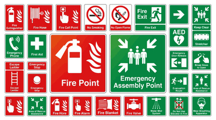 Fototapeta premium Vector Icons Collection of essential fire safety and emergency evacuation signs for workplace compliance. EPS Editable