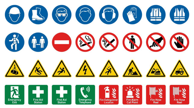 Vector Icons Set of essential industrial safety signs and workplace hazard warning symbols. EPS Editable