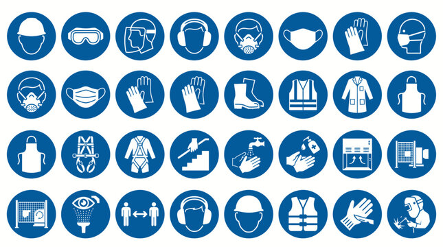 Vector Icons Blue mandatory safety sign icons set for personal protective equipment PPE and workplace safety regulations. EPS Editable