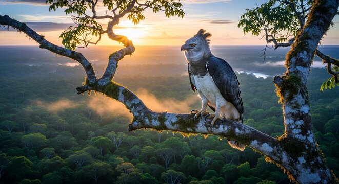 Eagle perched on tree branch against forest