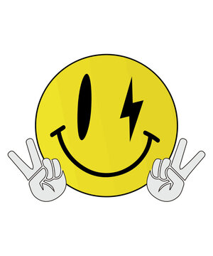 Yellow Smiley Face with Lightning Bolt Eye and Double Peace Signs on Transparent Background