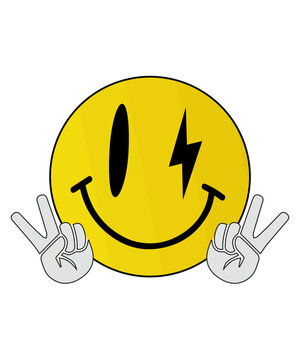 Yellow Smiley Face with Lightning Bolt Eye and Double Peace Signs Vector Illustration