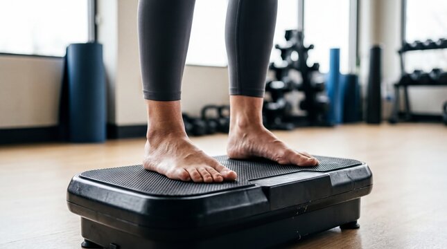 fitness equipment, a pair of feet firmly balanced on a vibration plate during a workout session