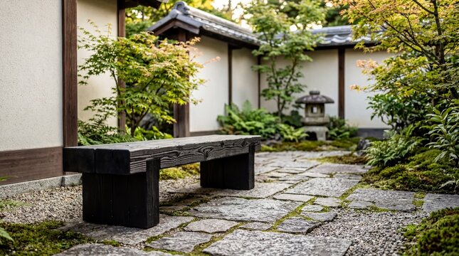 outdoor furniture design, a rustic yakisugi bench nestled in a serene courtyard surrounded by greenery