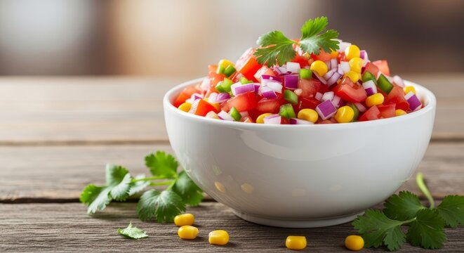 Fresh chunky tomato salsa in a white bowl with red onions, green cilantro, and bright yellow corn sits on a rustic weathered wood surface, green, sauce, yellow