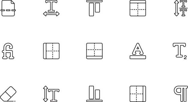 Document Layout and Grid Alignment UI Line Art Icon Set Featuring Baseline Shift, Column Spacing, and Page Margins for Desktop Publishing Software Interfaces