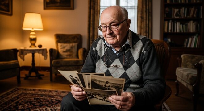 Elderly man looking at photographs