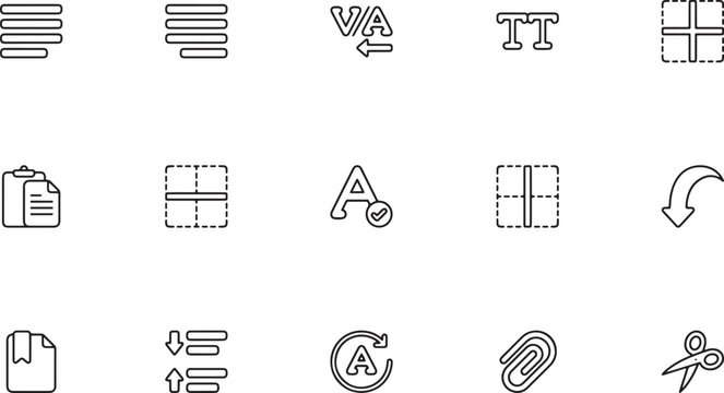 Typography Control and Text Alignment UI Line Art Icon Set Featuring Kerning, Spell Check, Grid Layouts, and Paperclip Attachments for Graphic Design Apps