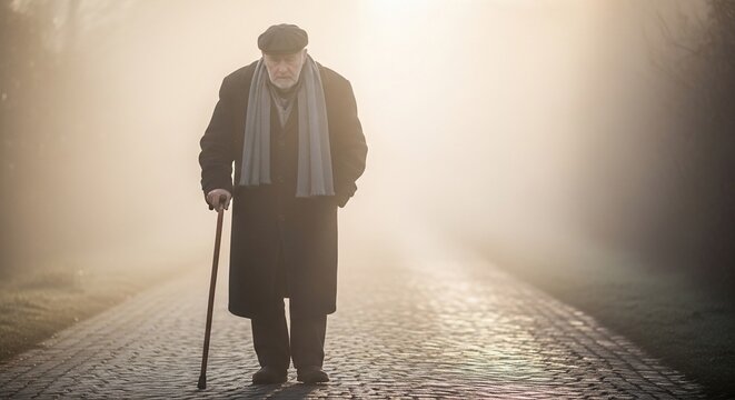 Elderly man walking foggy path