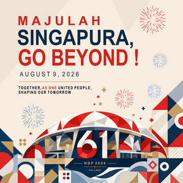 61st Singapore National Day horizontal background template. Creative geometric vector mosaic design featuring the Kallang National Stadium dome,  and independence day celebration typography.