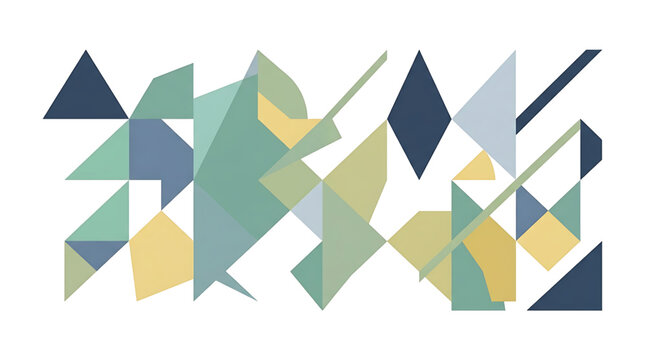 Abstract geometric composition with overlapping triangles and polygons in muted blue, green, and yellow tones